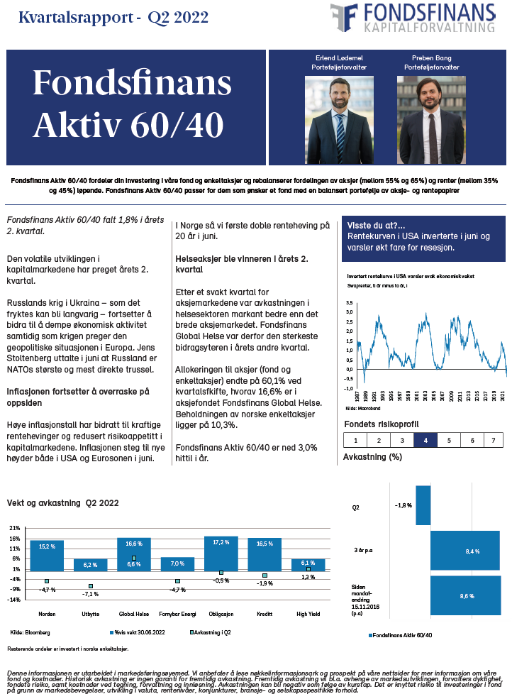 Kvartalsrapport Q2 2022 – Aktiv 60/40 - Fondsfinans Kapitalforvaltning