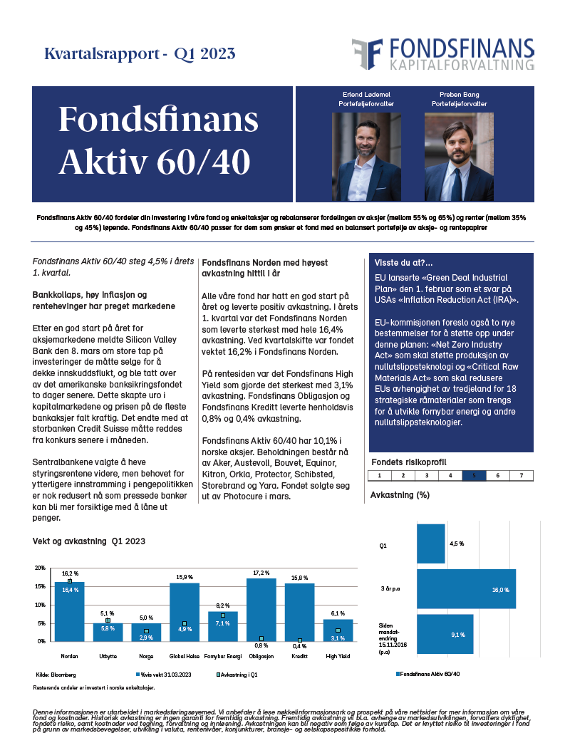 Kvartalsrapport Q1 2023 – Aktiv 60/40 - Fondsfinans Kapitalforvaltning